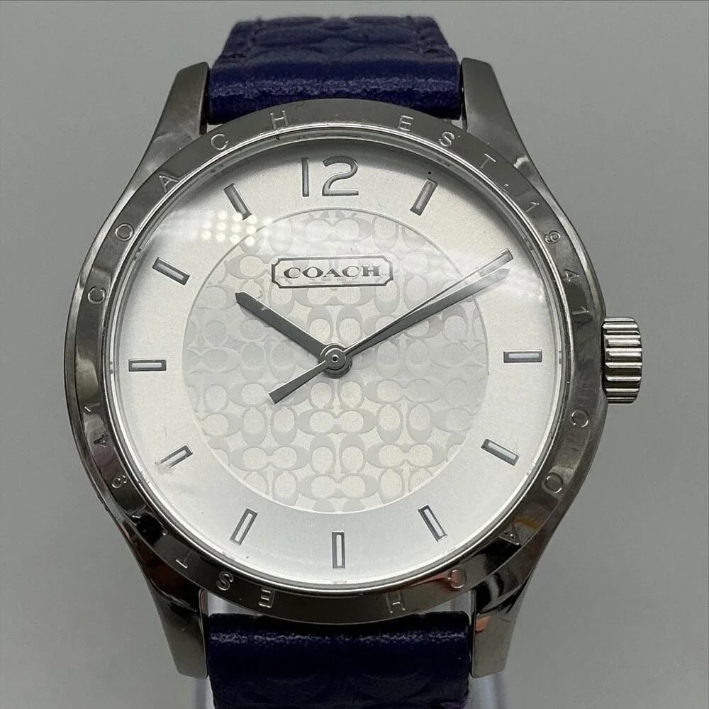 Coach Maddy Womens Watch 36mm Silver Tone Logo Dial Purple Leather New Battery